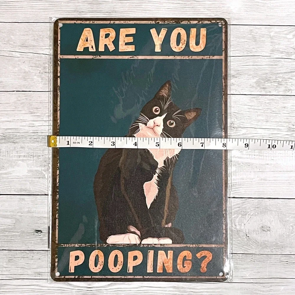 Are You Pooping Tuxedo Cat Metal Tin Sign Funny Bathroom Wall Decor 8x12 Retro